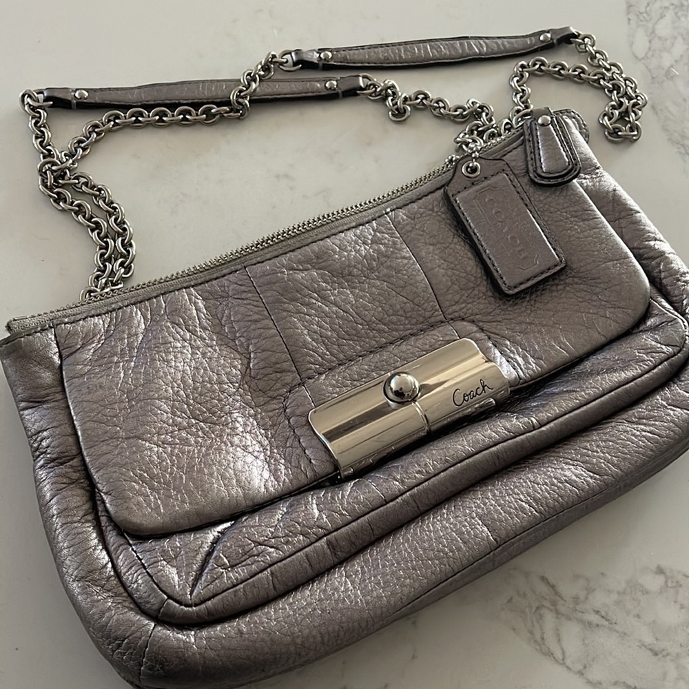 Coach Metallic Gray Leather Shoulder Bag with Chain Strap